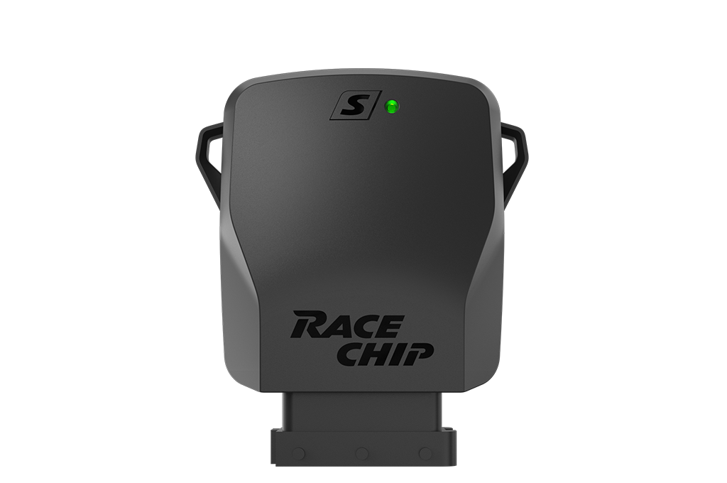 RaceChip S-besturingseenheid met groen bedrijfslampje, strak behuizingsontwerp en RaceChip-logo.