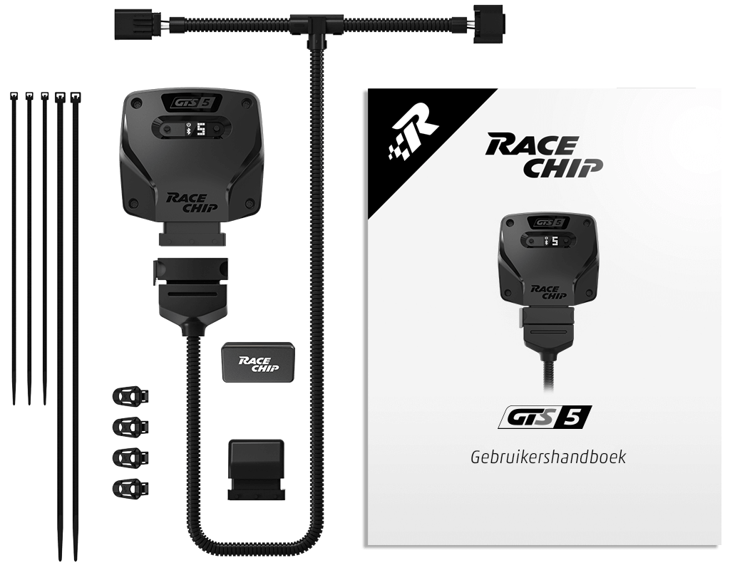 Leveringsomvang van de RaceChip GTS 5 tuningchip met de regelunit, kabelboom, optioneel: OBD-dongle, originele stekker, vijf kabelbinders, vier bevestigingsclips en gebruikershandleiding.