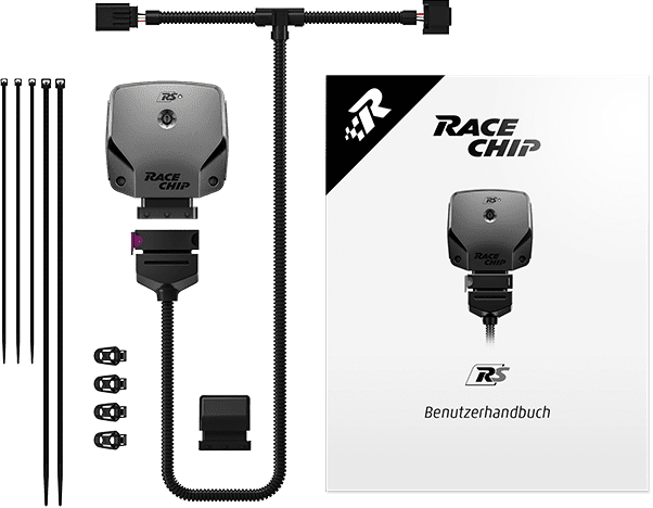 Leveringsomvang RaceChip RS: besturingseenheid, motorspecifieke kabelset, seriestekker, 360° bevestigingsclips, kabelbinders en gebruikershandleiding.