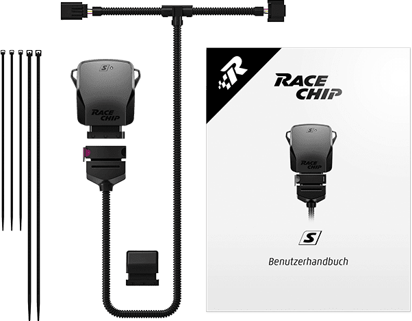 Leveringsomvang RaceChip S: besturingseenheid, motorspecifieke kabelset, seriestekker, kabelbinders en gebruikershandleiding.